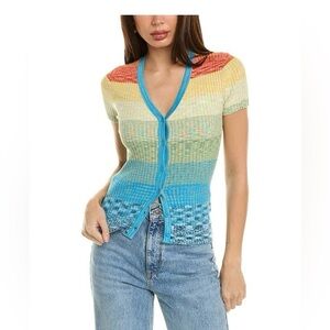 Staud short sleeve rainbow button up sweater top